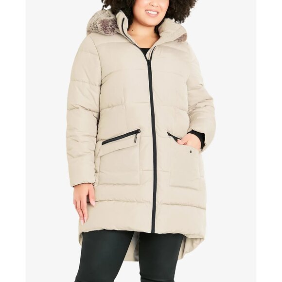 AVENUE Evans Plus Size Contrast Zip Faux Fur Trim Hooded Coat Neutral Size 26/28 - Picture 1 of 2